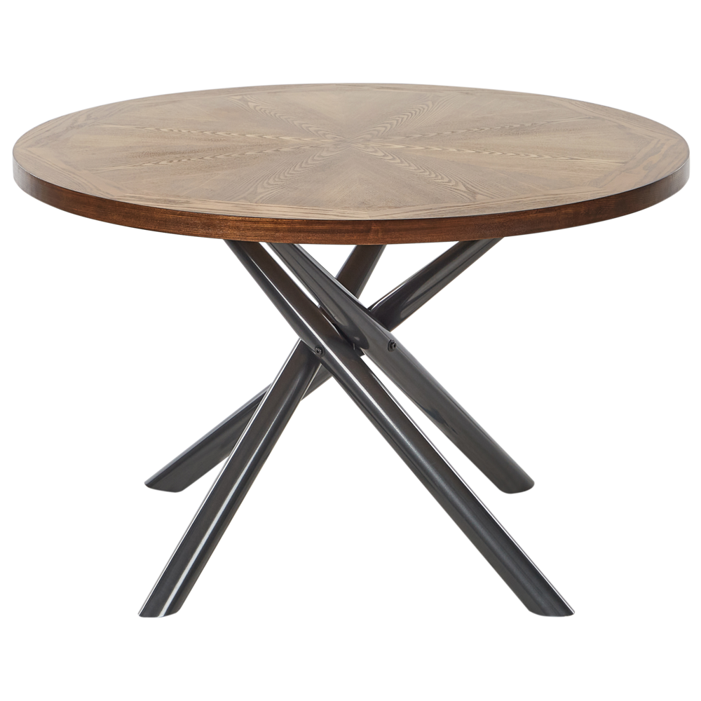 foto del prodotto tavolo da pranzo piano rotondo mdf grigio gambe incrociate in metallo 4 6 persone 120 cm legno scuro atile moderno