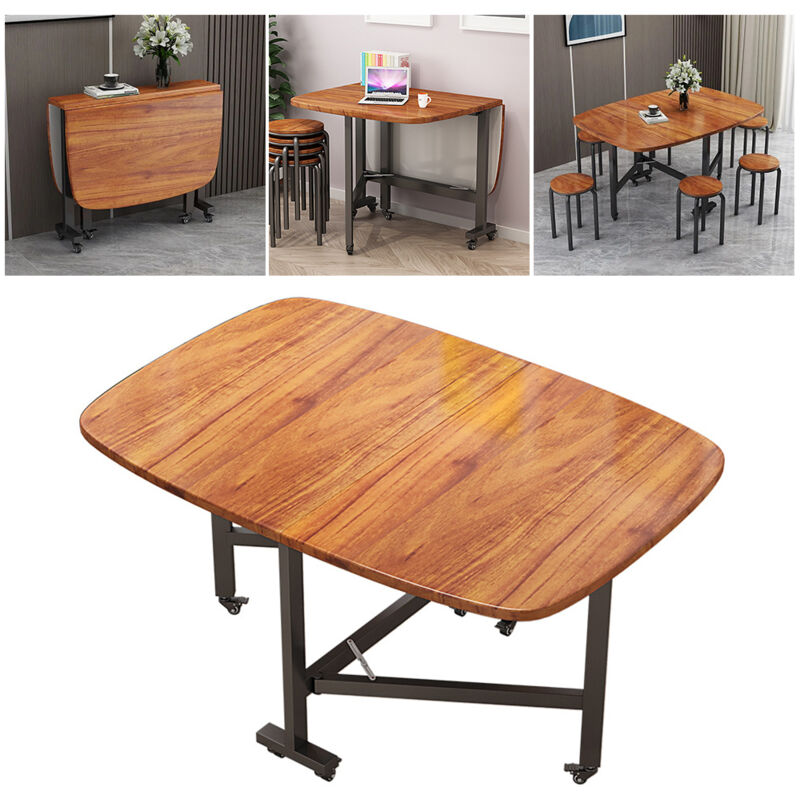 foto del prodotto tavolo da pranzo pieghevole allungabile in legno massello con design a foglia e ruote mobili, tavolo rettangolare per aree compatte perfetto per