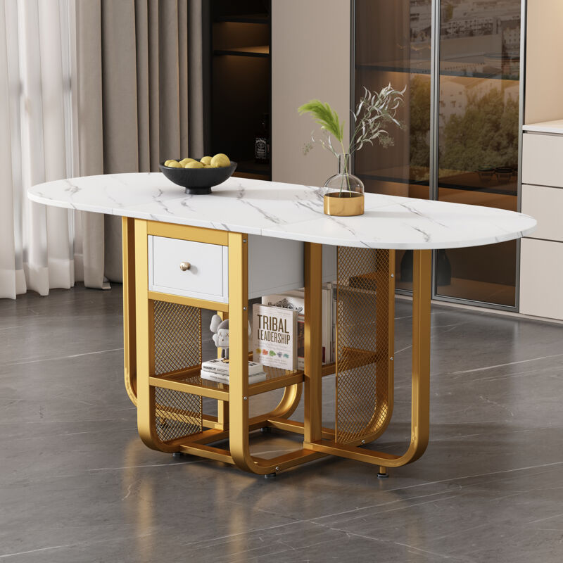 foto del prodotto tavolo da pranzo pieghevole estensibile a 3 forme con spazio di archiviazione e cassetti, bianco e oro