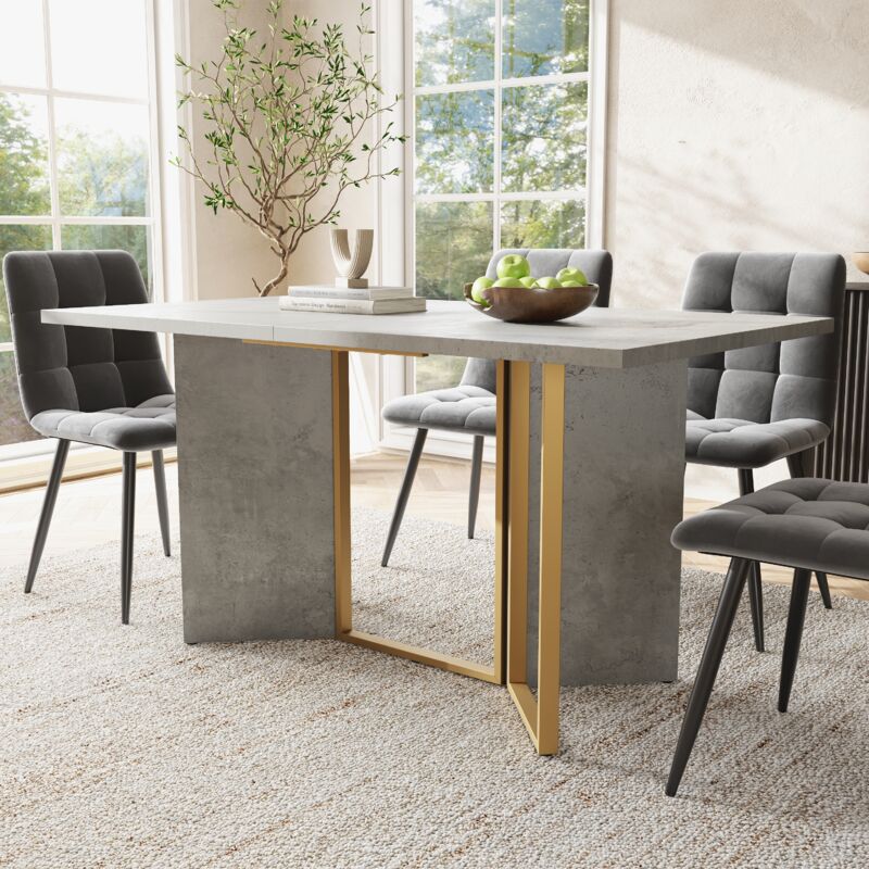 foto del prodotto tavolo da pranzo rettangolare 119x70x75cm, gambe in metallo dorato, moderno, adatto per sala da pranzo soggiorno cucina, mdf, grigio cemento