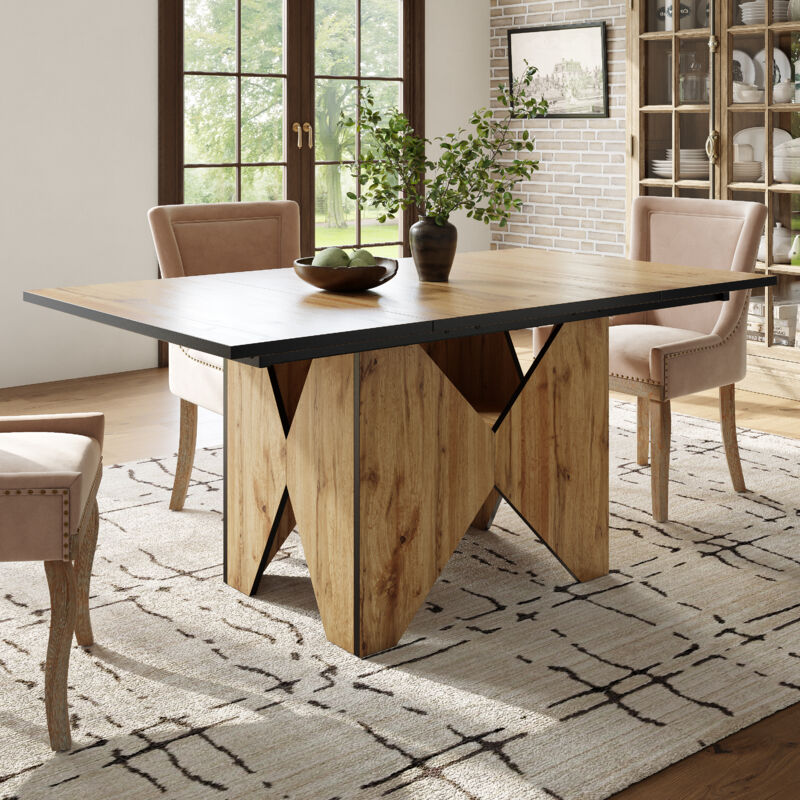 foto del prodotto tavolo da pranzo rettangolare 138,5x80x75cm, decorazione a strisce nere, venature del legno, adatto per sala da pranzo cucina, mdf, marrone chiaro a