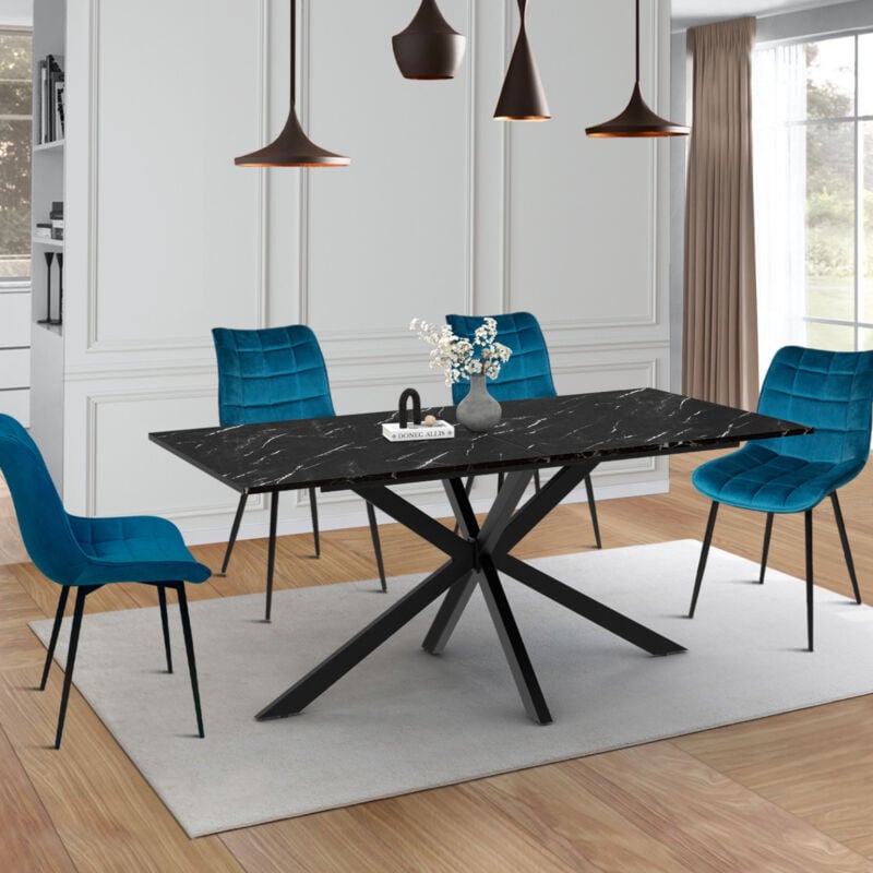 foto del prodotto tavolo da pranzo rettangolare alaska per 8 persone con effetto marmo nero e gamba a ragno in metallo 160 cm