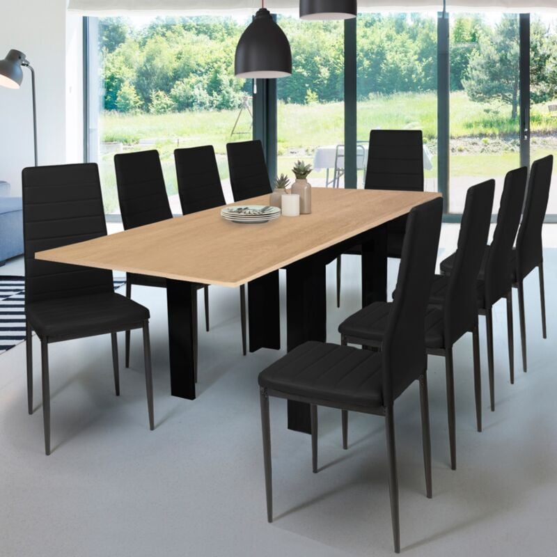 foto del prodotto tavolo da pranzo rettangolare allungabile dona 4 10 persone, nero, piano effetto faggio 110 220 cm