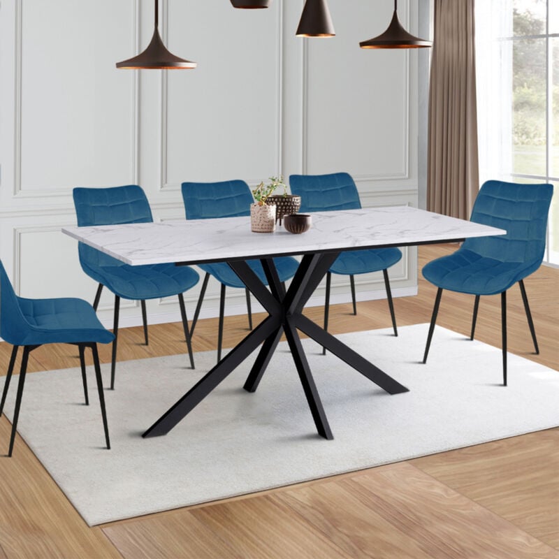 foto del prodotto tavolo da pranzo rettangolare per 8 persone alaska con effetto marmo bianco e gamba a ragno in metallo 160 cm