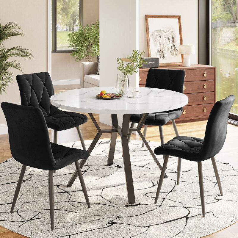 foto del prodotto tavolo da pranzo rotondo 100x100x75cm, motivo marmo, piano bianco, adatto per sala da pranzo cucina, mdf e metallo, gambe nere