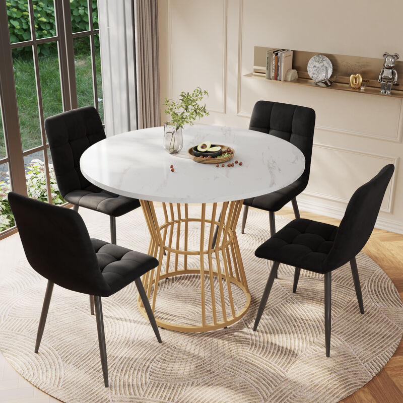 foto del prodotto tavolo da pranzo rotondo 100x100x75cm, motivo marmo, piano bianco, struttura in metallo, adatto per cucina sala da pranzo, gambe dorate