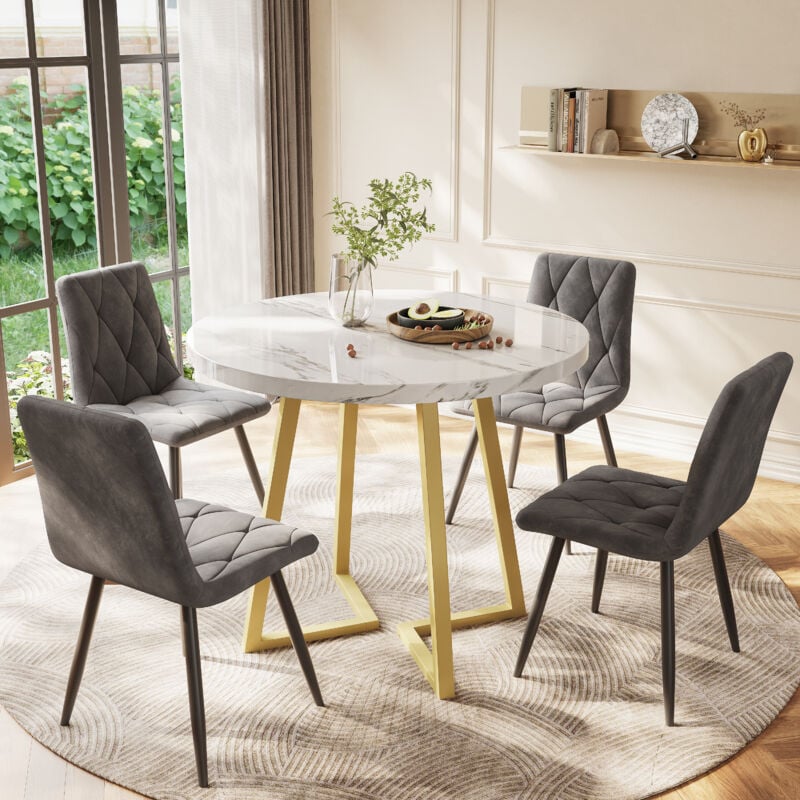 foto del prodotto tavolo da pranzo rotondo 80x80x75cm, piano bianco, motivo marmo, mdf, cucina soggiorno, gambe dorate