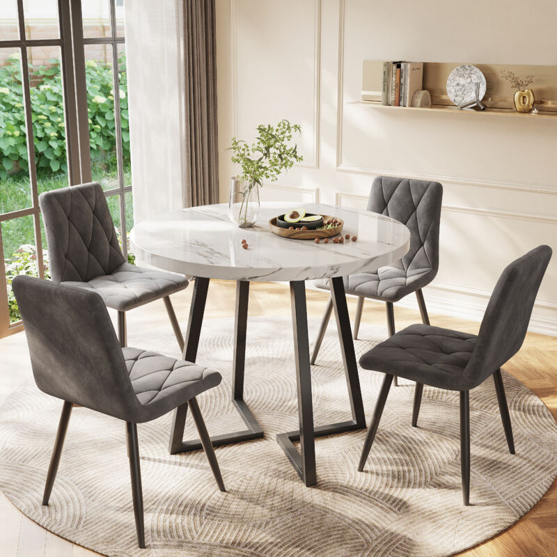 foto del prodotto tavolo da pranzo rotondo 80x80x75cm, piano bianco, motivo marmo, mdf, cucina soggiorno, gambe nero