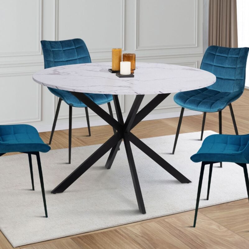 foto del prodotto tavolo da pranzo rotondo per 4 6 persone alaska con effetto marmo bianco e gamba a ragno in metallo 110 cm