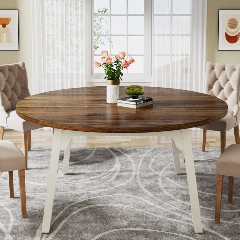 foto del prodotto tavolo da pranzo rotondo per 4 6 persone, tavolo da pranzo rotondo da 120 cm con superficie strutturata in legno, con gambe in legno massiccio per