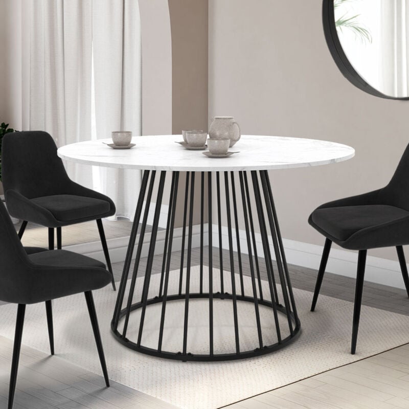 foto del prodotto tavolo da pranzo rotondo yuna 6 persone con piano in marmo bianco alaska e gamba in filo metallico nero 110 cm