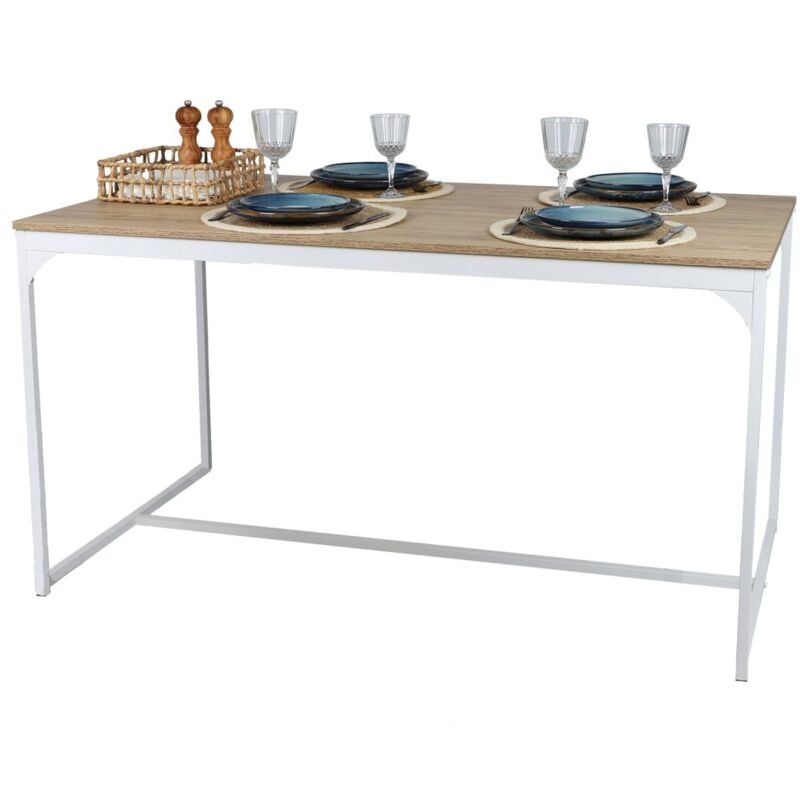 foto del prodotto tavolo da pranzo stile industriale collezione pueblo colore rovere chiaro con piede in metallo bianco, dimensioni 150x80x75 cm.