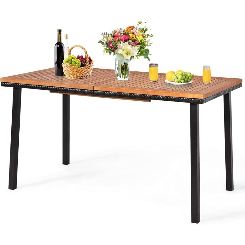 foto del prodotto tavolo da pranzo, tavolo da esterno con gambe in metallo, tavolo con foro per ombrellone, portata 50 kg, tavolo in acacia, 140 x 75 x 75,5 cm goplus
