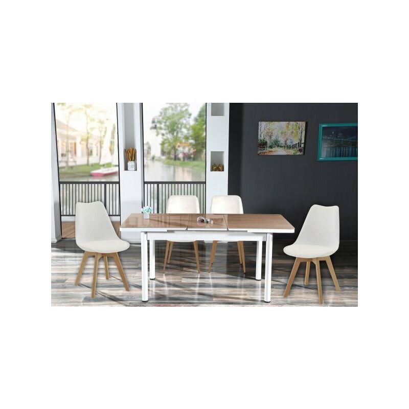 foto del prodotto tavolo da sala bianco allungabile in vetro temperato marrone 130 170cm con 4 sedie e cuscini sicorage legres
