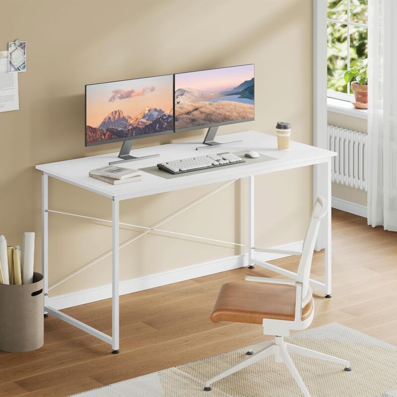 foto del prodotto tavolo da studio scrivania per computer, postazione di lavoro moderna per ufficio, tavolo da pranzo per casa e ufficio, 140x60 cm, bianco woltu