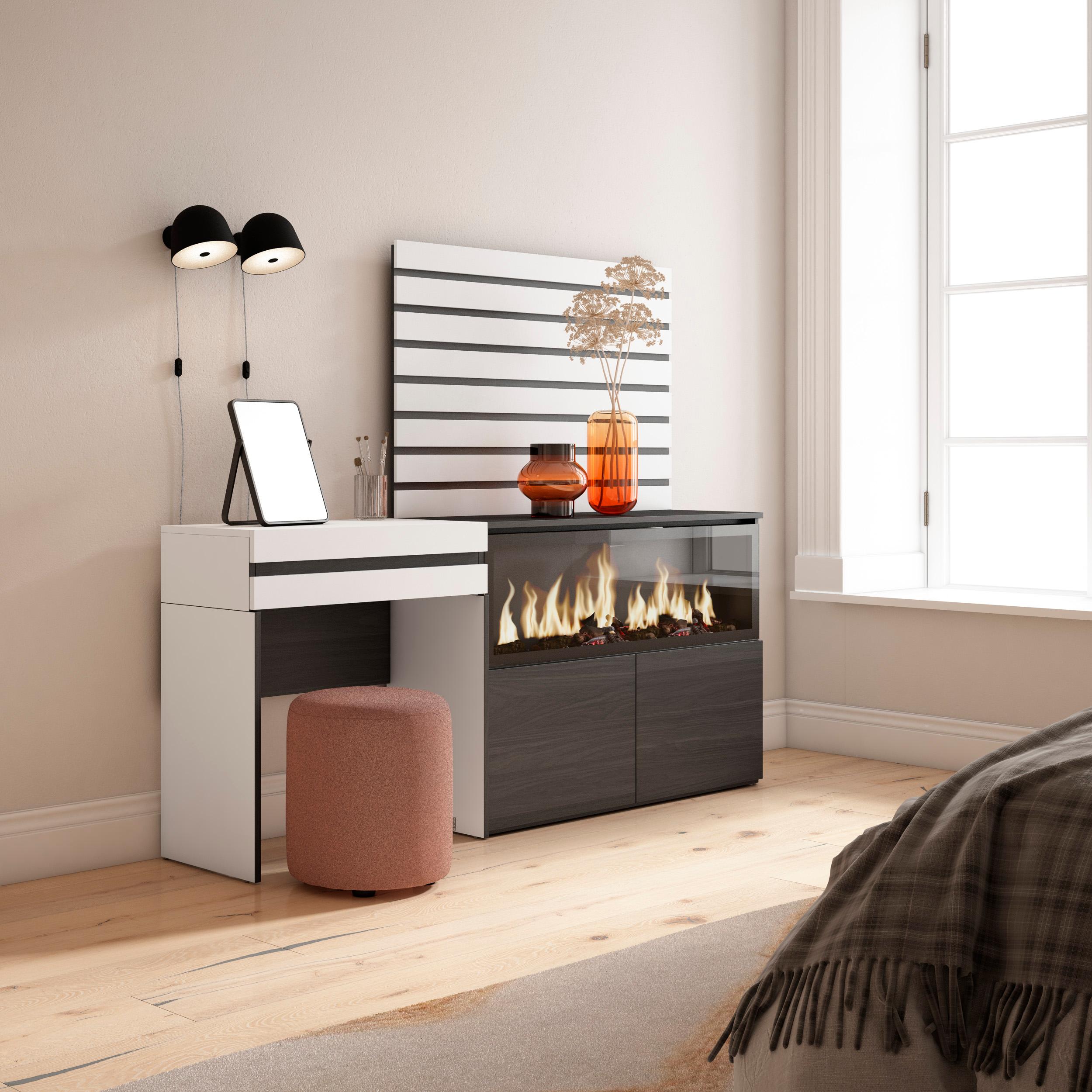 foto del prodotto tavolo da toeletta, 177x35x145cm, con cassetto, camino elettrico xxl, pannelli decorativi, bianco rf3459