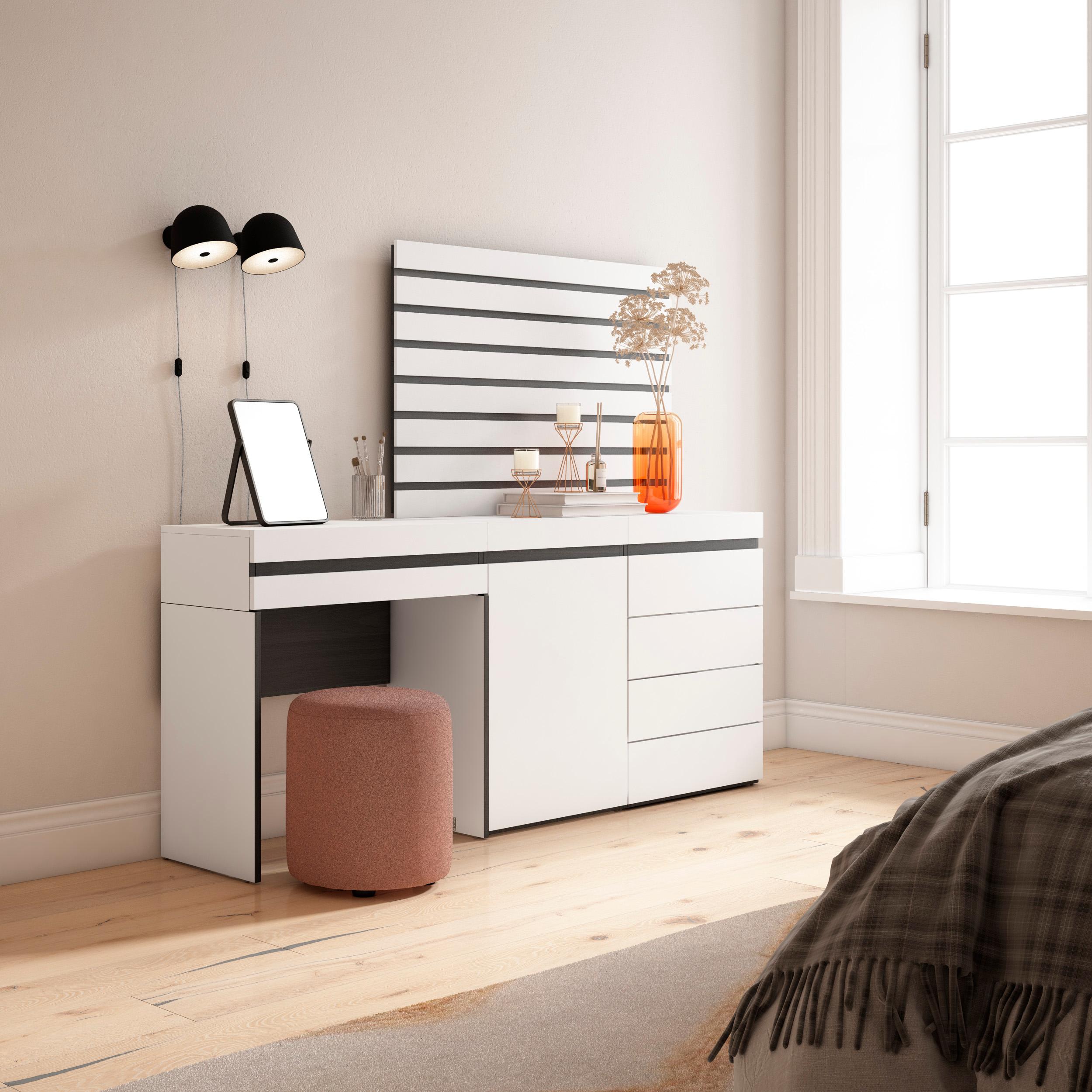 foto del prodotto tavolo da toeletta, 177x35x145cm, con cassetto, cassettiera, pannelli decorativi, bianco rf3458