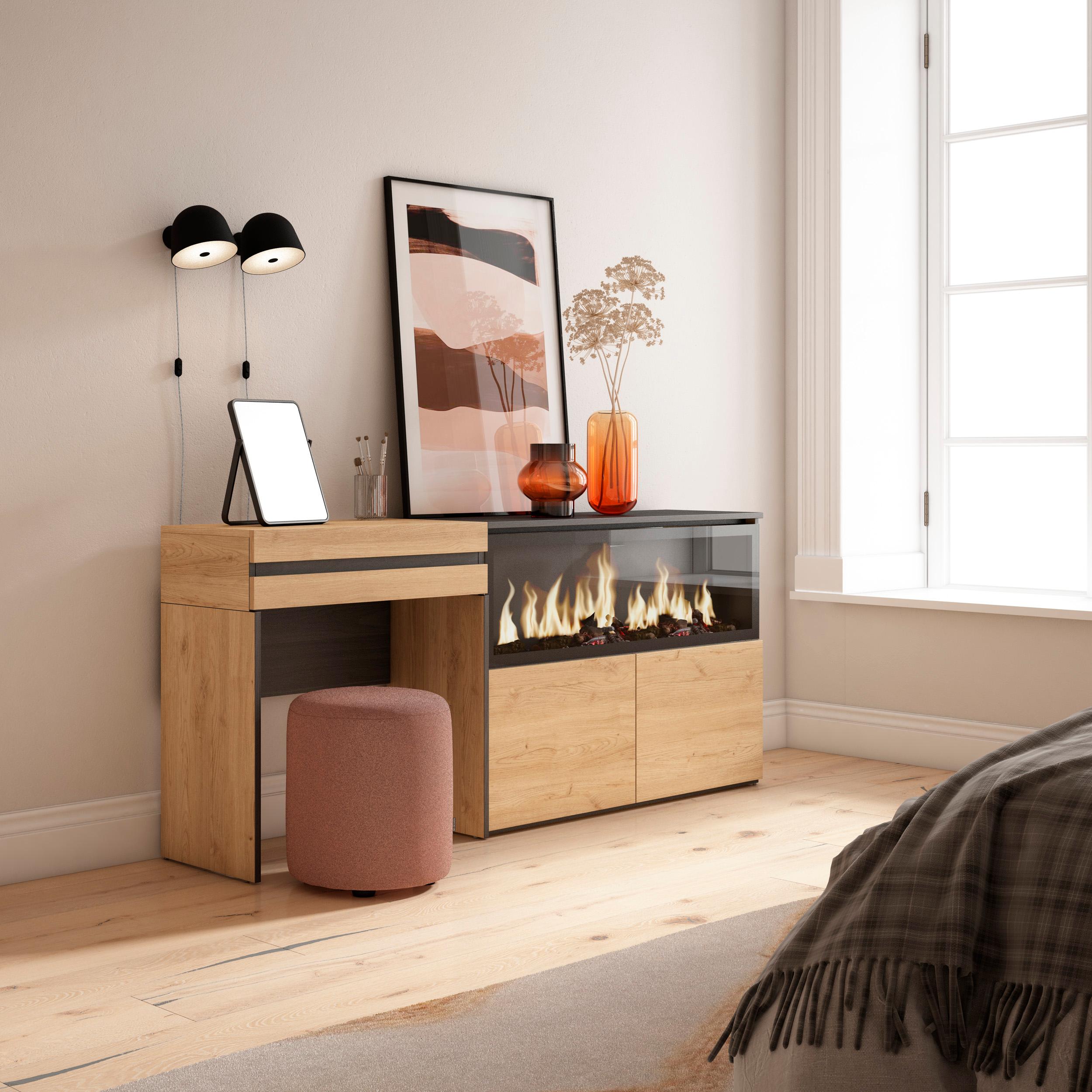 foto del prodotto tavolo da toeletta, 177x35x75cm, con cassetto, camino elettrico xxl, colore rovere rf3480