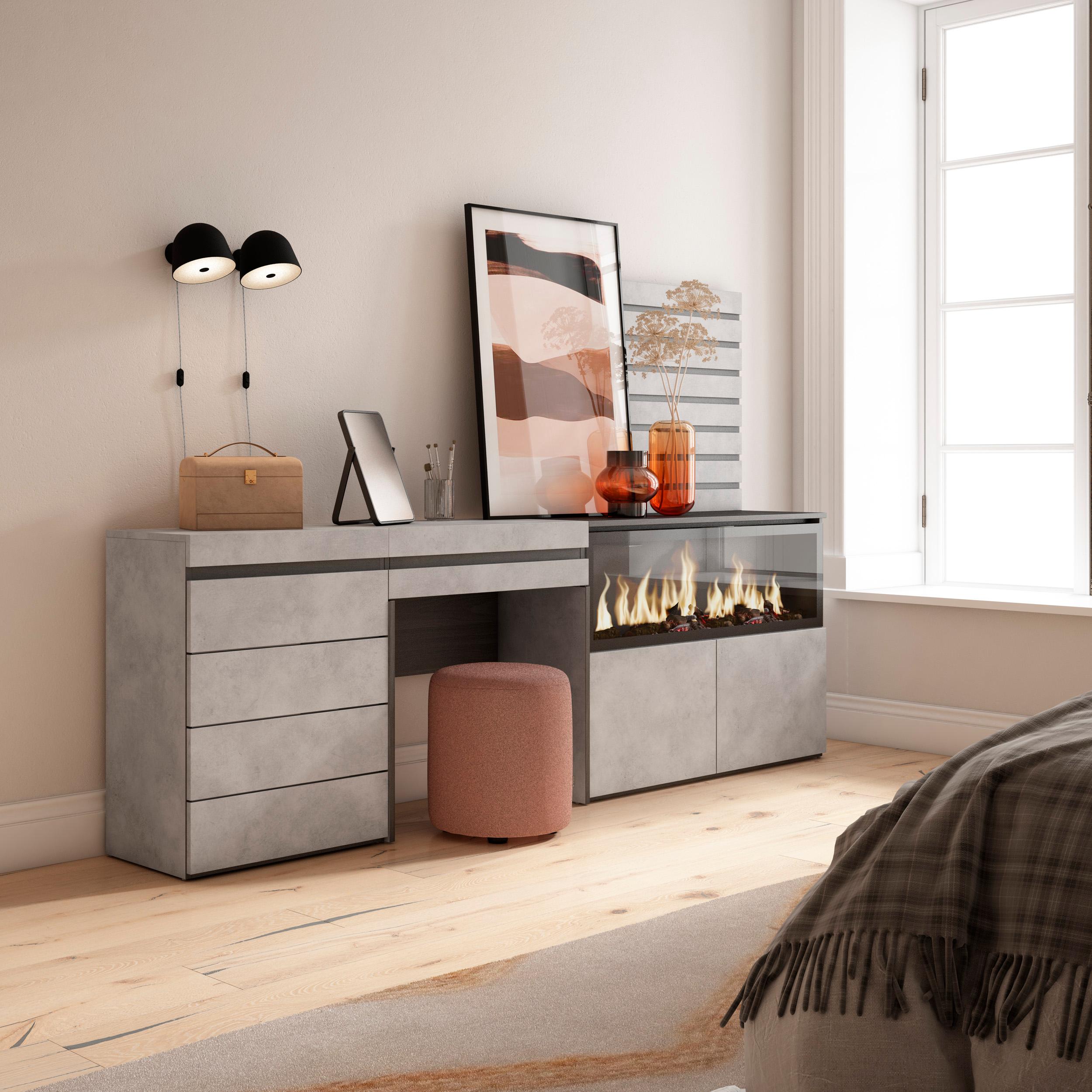 foto del prodotto tavolo da toeletta, 234x35x145cm, con cassetto, camino elettrico xxl, cassettiera, pannelli decorativi, grigio cemento rf3467