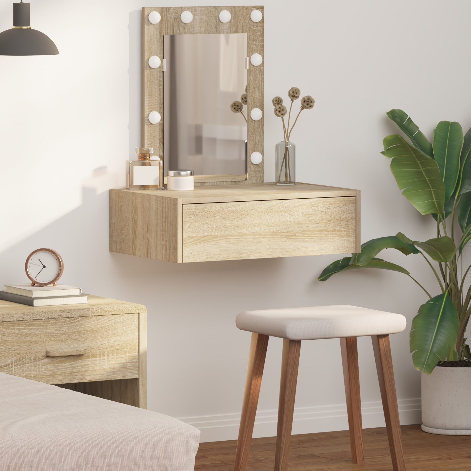 foto del prodotto tavolo da toeletta a muro con luci led rovere sonoma