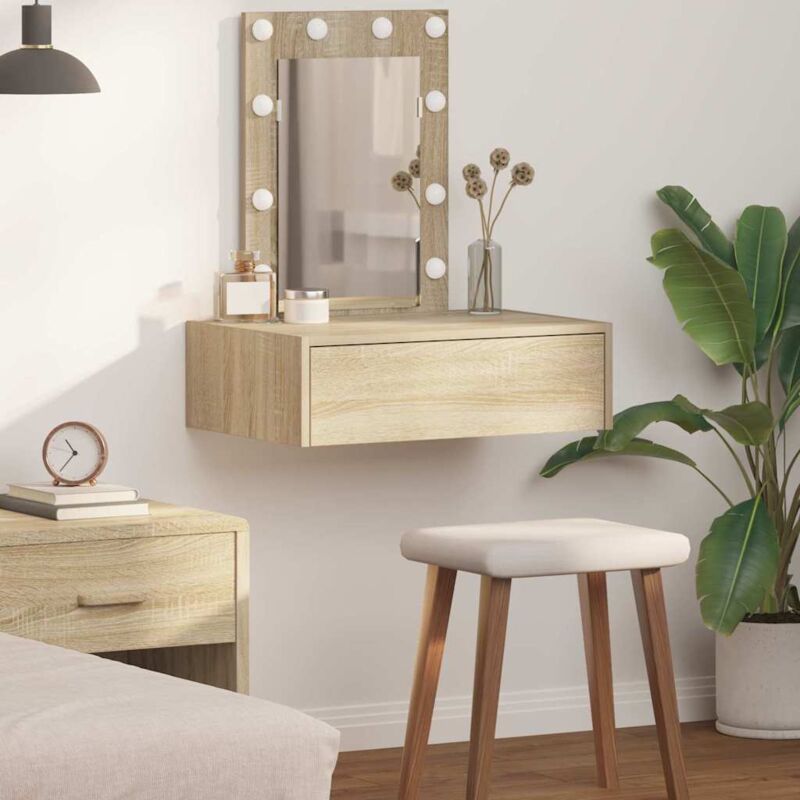 foto del prodotto tavolo da toeletta a muro con luci led rovere sonoma vidaxl