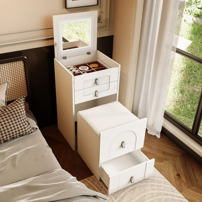 foto del prodotto tavolo da toeletta comodino 2 in 1 con specchio led e illuminazione regolabile, 6 scomparti 1 sgabello portaoggetti con cassetto, 50x40x80 cm,