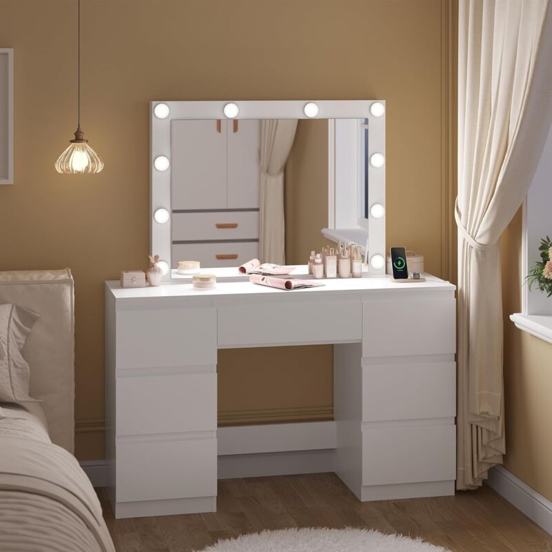foto del prodotto tavolo da toeletta con illuminazione led e cassetti e 2 prese, bianco woltu