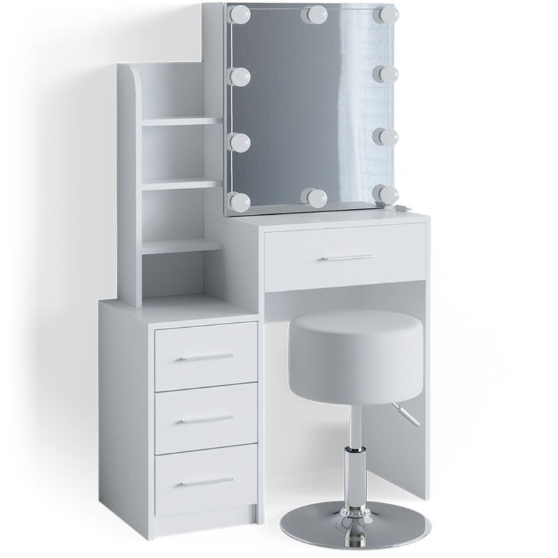 foto del prodotto tavolo da toeletta conrada, bianco, 80 cm con illuminazione led e sgabello vicco