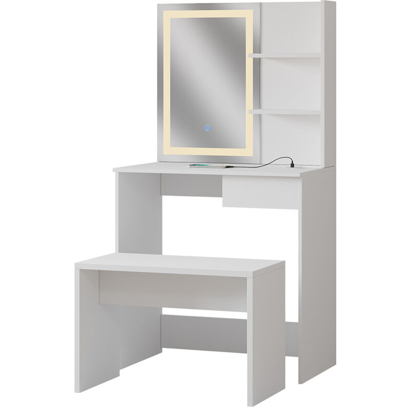 foto del prodotto tavolo da toeletta dekos, bianco, 75 cm con specchio a led, caricatore qi e panchina vicco