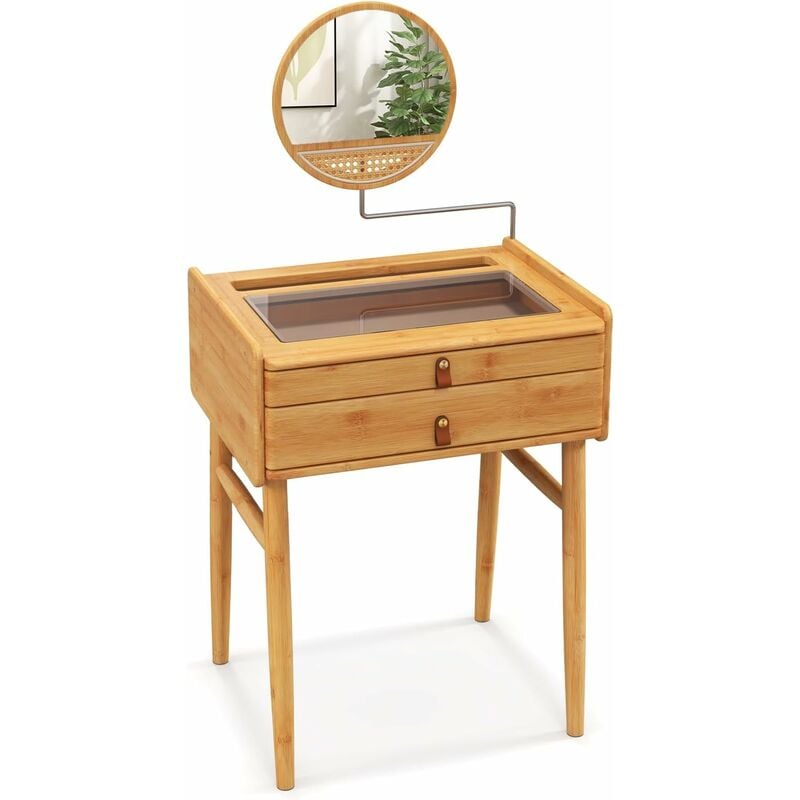 foto del prodotto tavolo da toeletta in bamb con specchio girevole regolabile, tavolo da trucco con 2 cassetti portaoggetti piano in vetro temperato, moderno compatto