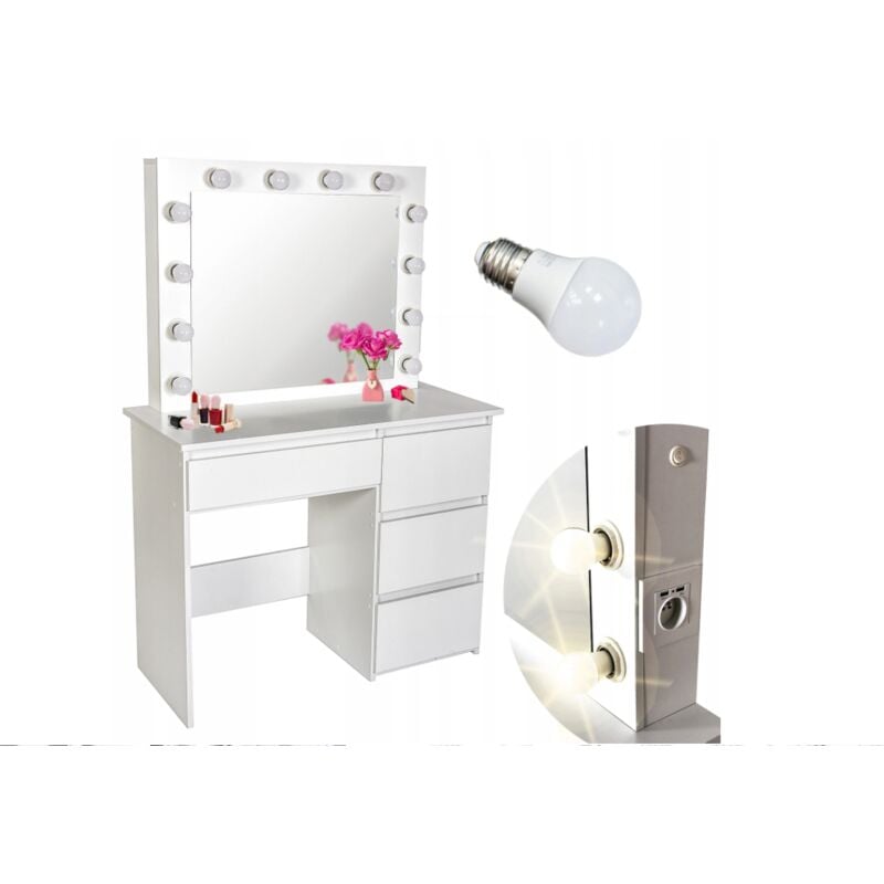 foto del prodotto tavolo da toeletta in legno con cassetti specchio a led usb presa 140x94x43cm