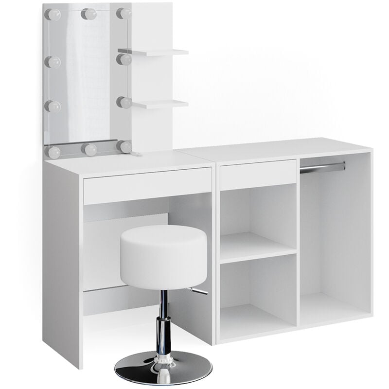 foto del prodotto tavolo da toeletta isabelle, bianco, 60 cm con led, sgabello e armadio vicco