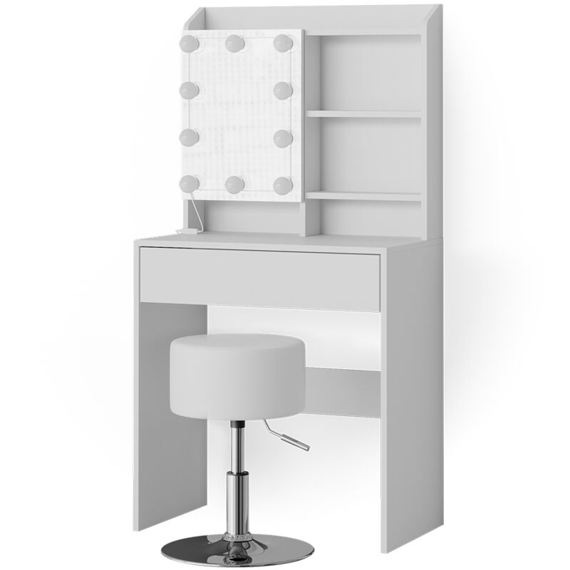 foto del prodotto tavolo da toeletta laura, bianco, 70 cm con illuminazione led e sgabello vicco