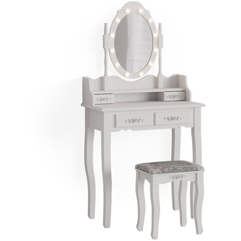 foto del prodotto tavolo da toeletta maggie, bianco, 75 cm con illuminazione led e sgabello vicco