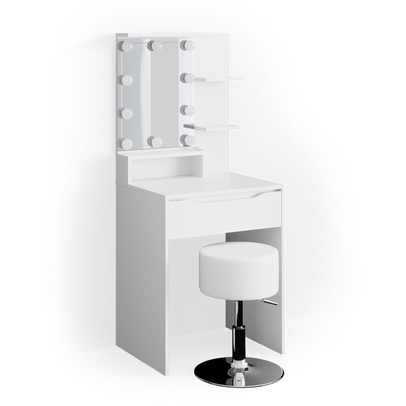 foto del prodotto tavolo da toeletta ruben, bianco, 60 cm con illuminazione led e sgabello vicco