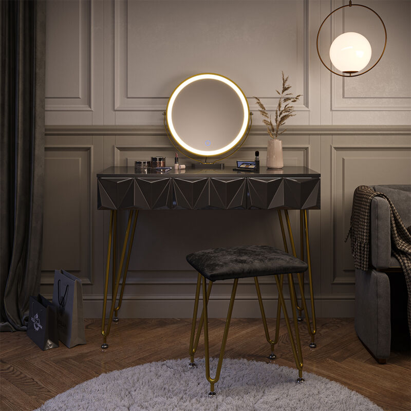 foto del prodotto tavolo da toeletta ruby, nero, 100 cm con specchio e sgabello a led vicco