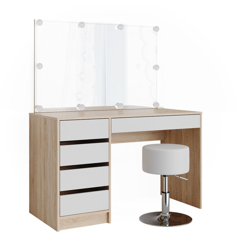 foto del prodotto tavolo da toeletta sherry, bianco sonoma, 120 cm con illuminazione a led e sgabello vicco