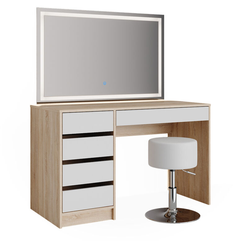 foto del prodotto tavolo da toeletta sherry, bianco sonoma, 120 cm con specchio e sgabello a led vicco