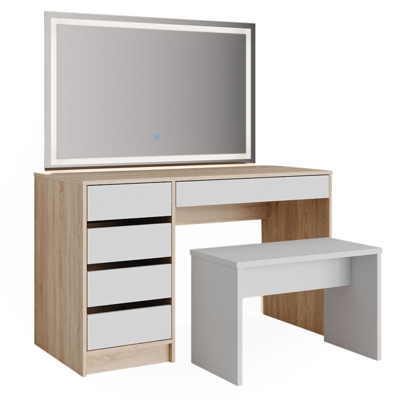 foto del prodotto tavolo da toeletta sherry, bianco sonoma, 120 cm con specchio led e sgabello vicco