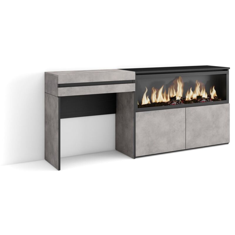 foto del prodotto tavolo da toeletta, tavolo da trucco, stoccaggio, 177x75x35 cm, con cassetto, camino elettrico xxl, stile moderno, grigio cemento skraut home