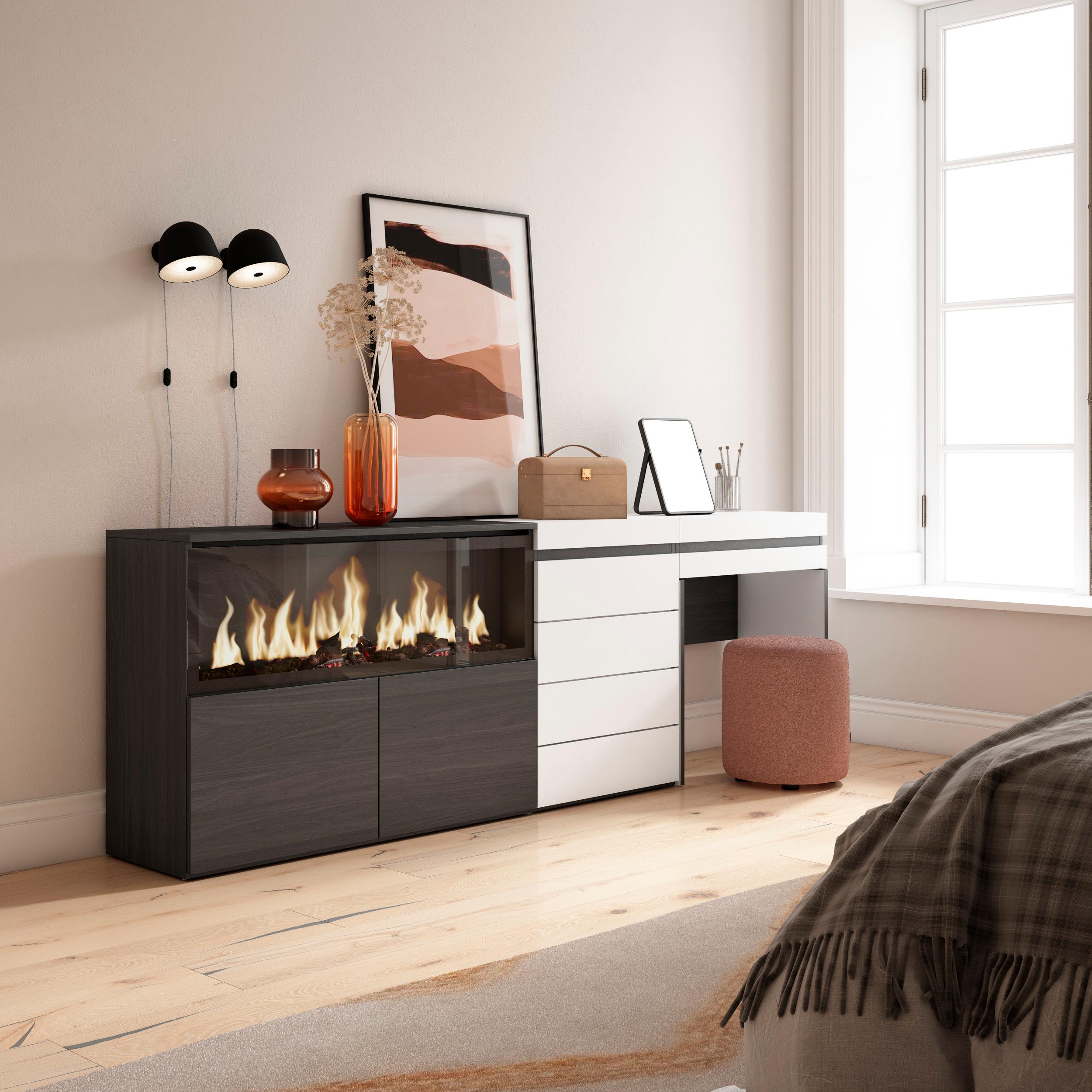 foto del prodotto tavolo da toeletta, tavolo da trucco, stoccaggio, 234x75x35 cm, con cassetto, camino elettrico xxl, cassettiera, stile moderno, bianco skraut home