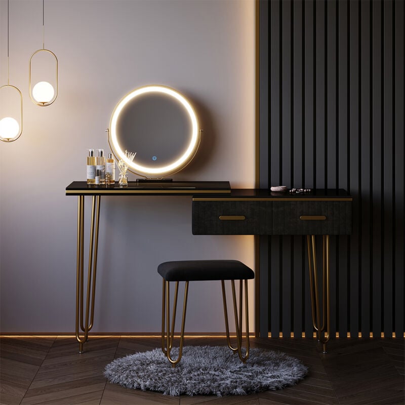 foto del prodotto tavolo da toeletta zoey, nero, 120 cm con specchio led e sgabello vicco