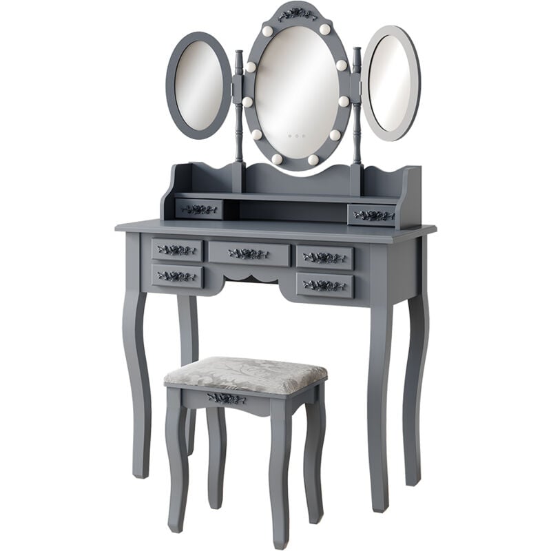 foto del prodotto tavolo da toilette diana, grigio, 90 cm con illuminazione e sgabello vicco
