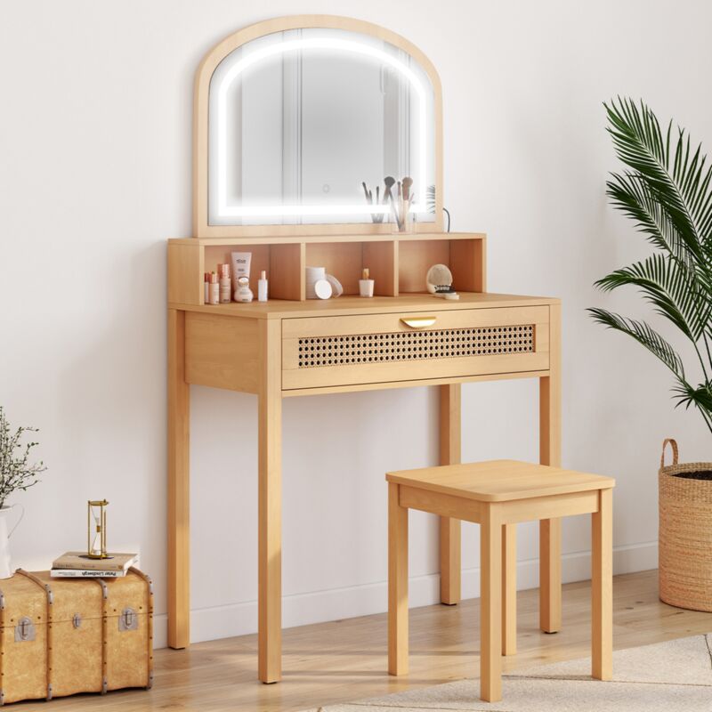 foto del prodotto tavolo da toilette edhen con specchio led, 1 cassetto, 3 nicchie e sgabello in canna e legno