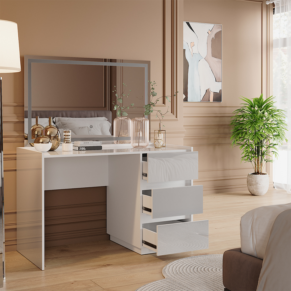 foto del prodotto tavolo da toilette marla, bianco lucido, 120 cm con specchio a led vicco