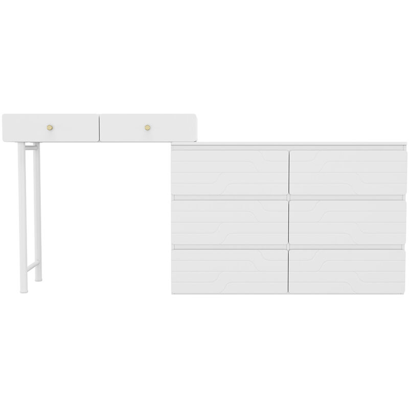 foto del prodotto tavolo da toilette senza sedia e specchio , con credenza estraibile, contenitore 180x40x85 cm, tre livelli, sei cassetti, bianco bianco