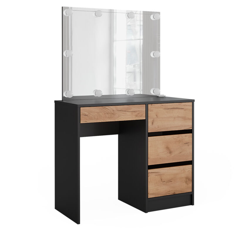 foto del prodotto tavolo da toilette sherry, antracite quercia dorata, 90 x 75 cm con specchio e illuminazione a led vicco