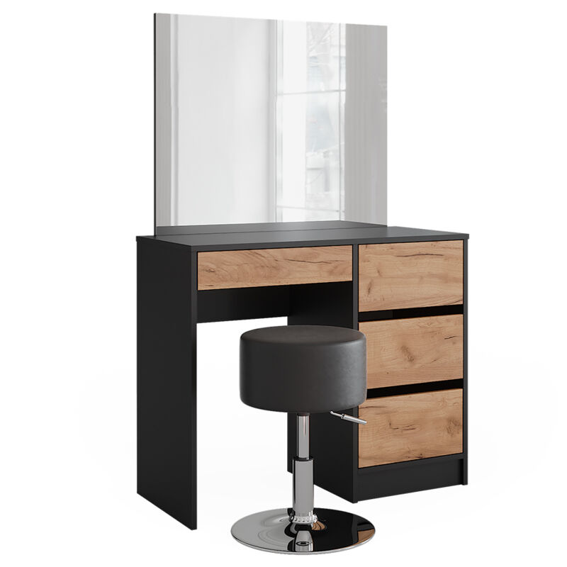 foto del prodotto tavolo da toilette sherry, antracite quercia dorata, 90 x 75 cm con specchio e sgabello vicco