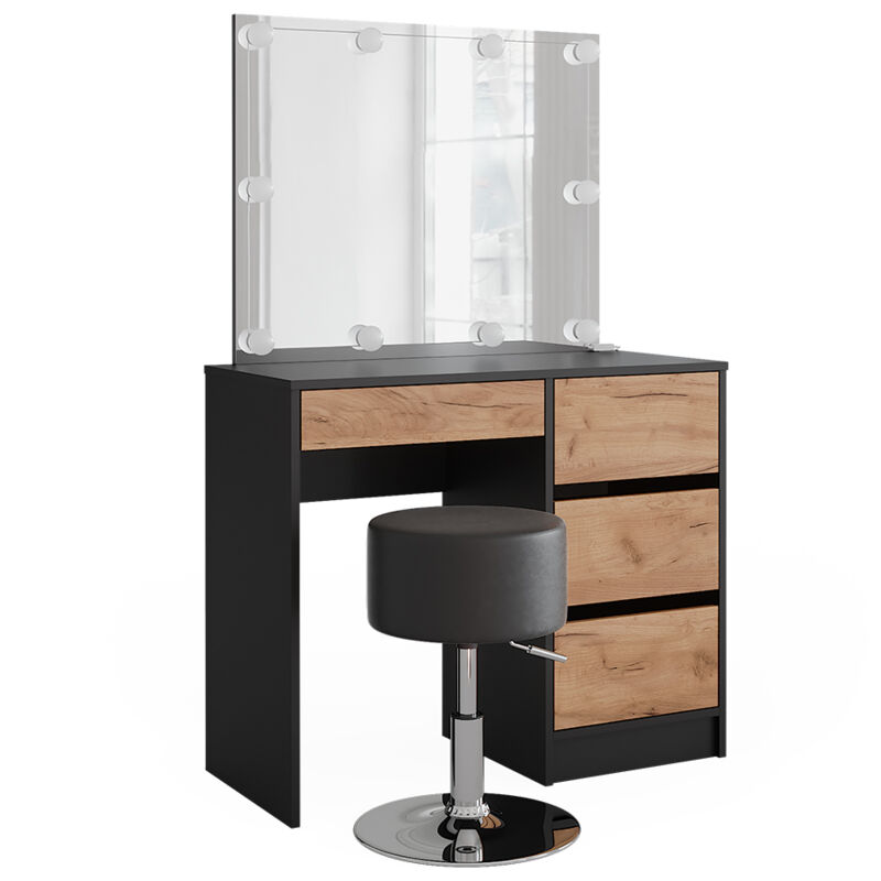 foto del prodotto tavolo da toilette sherry, antracite quercia dorata, 90 x 75 cm con specchio, illuminazione led e sgabello vicco