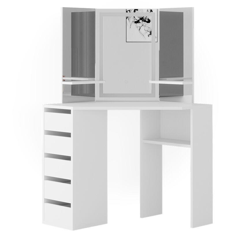 foto del prodotto tavolo da trucco ad angolo arielle, bianco, 110 cm con specchio a led vicco